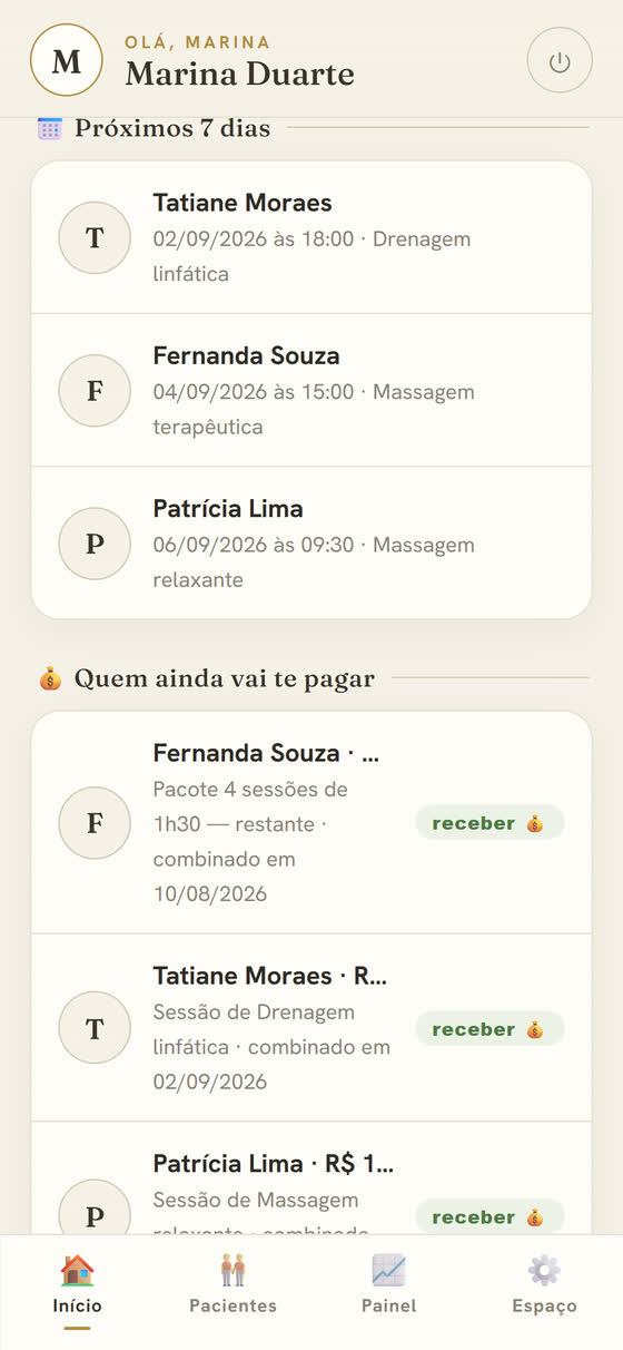 Tela do Acolhe: quem ainda vai te pagar, com nome e botão de receber
