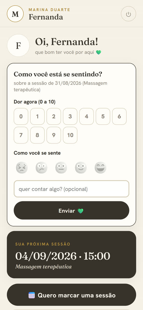 App do paciente: como você está se sentindo, próxima sessão marcada