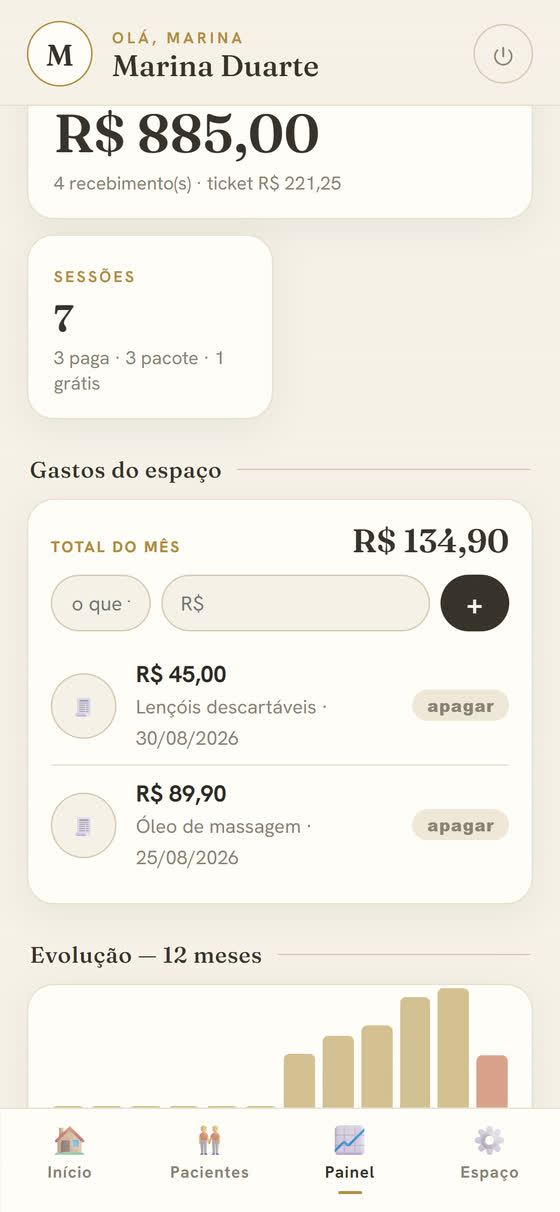 Tela do Acolhe: painel com faturamento do mês, sessões e gastos do espaço