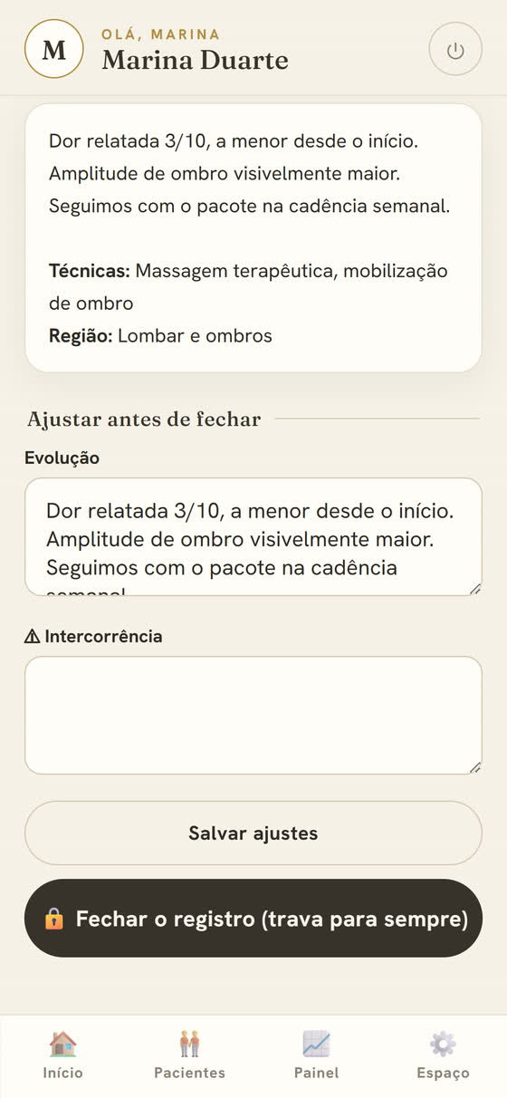 Tela do Acolhe: fechar o registro da sessão — trava para sempre