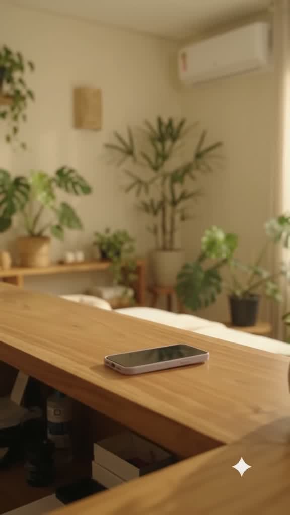 Mesa de trabalho arrumada com o celular virado para baixo e a sala de atendimento em ordem e em paz