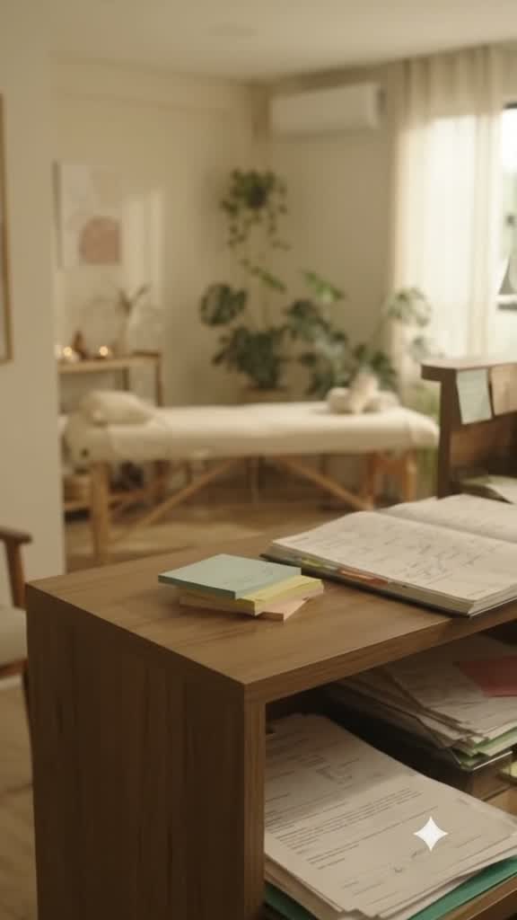 Canto de recepção com fichas de papel empilhadas, agenda aberta e lembretes colados — a papelada do consultório