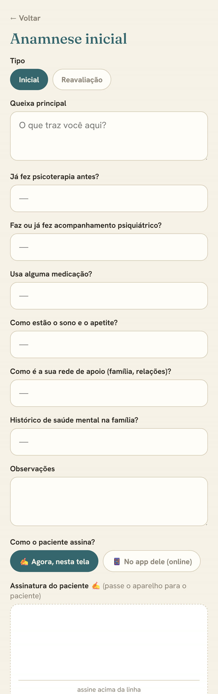 Anamnese inicial do Acolhe para psicólogos: perguntas sobre psicoterapia anterior, acompanhamento psiquiátrico, medicação, sono e rede de apoio, com assinatura do termo na tela