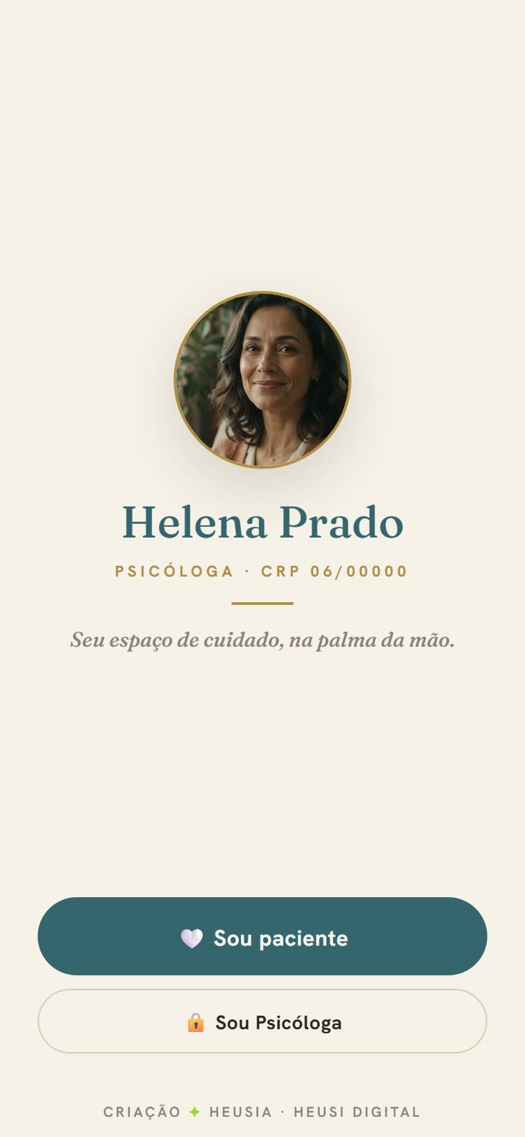 Aplicativo Acolhe aberto no celular, com o retrato, o nome e o CRP da psicóloga na capa