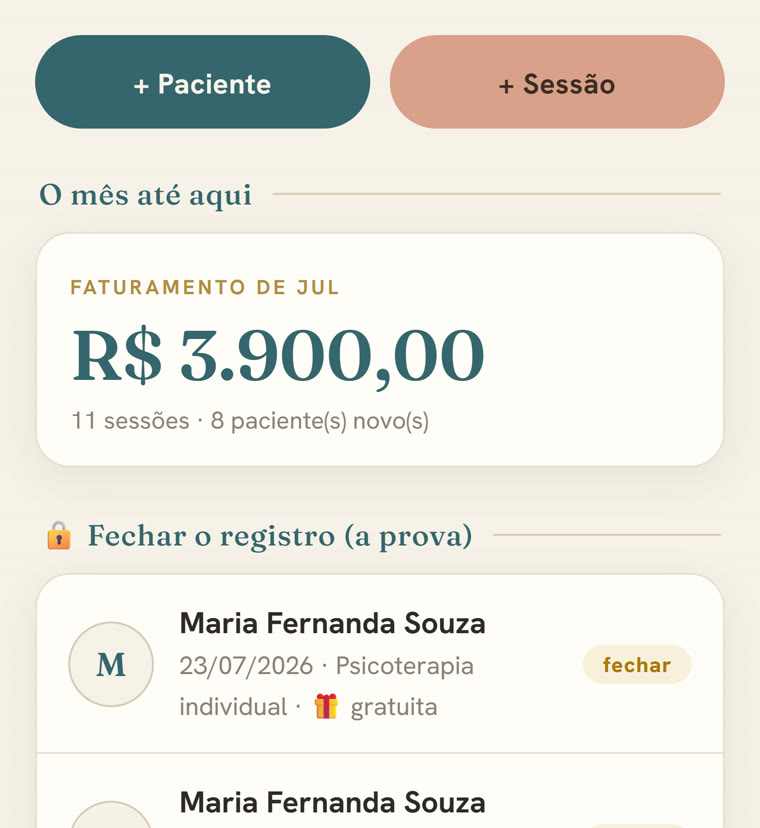 Tela inicial do Acolhe com a agenda dos próximos dias e as sessões a fechar