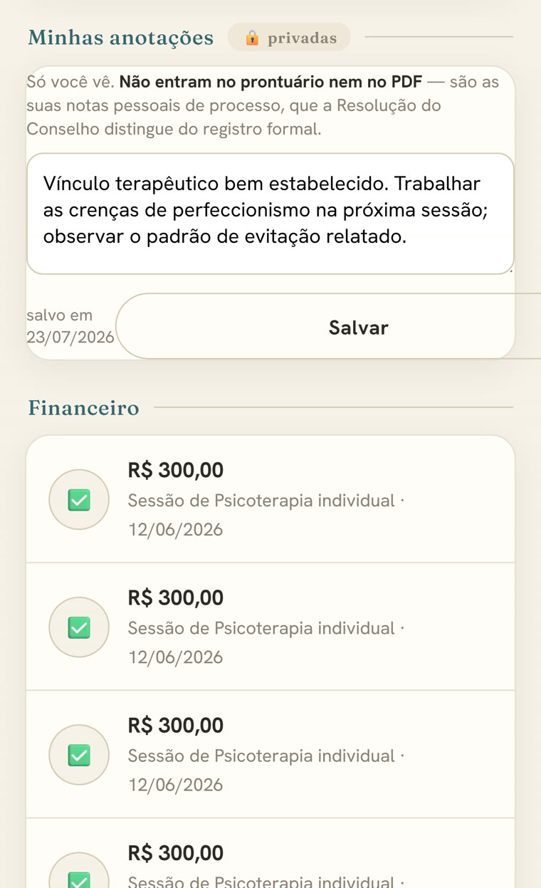 Tela de anotações privadas do Acolhe, que ficam separadas do prontuário e não entram no PDF