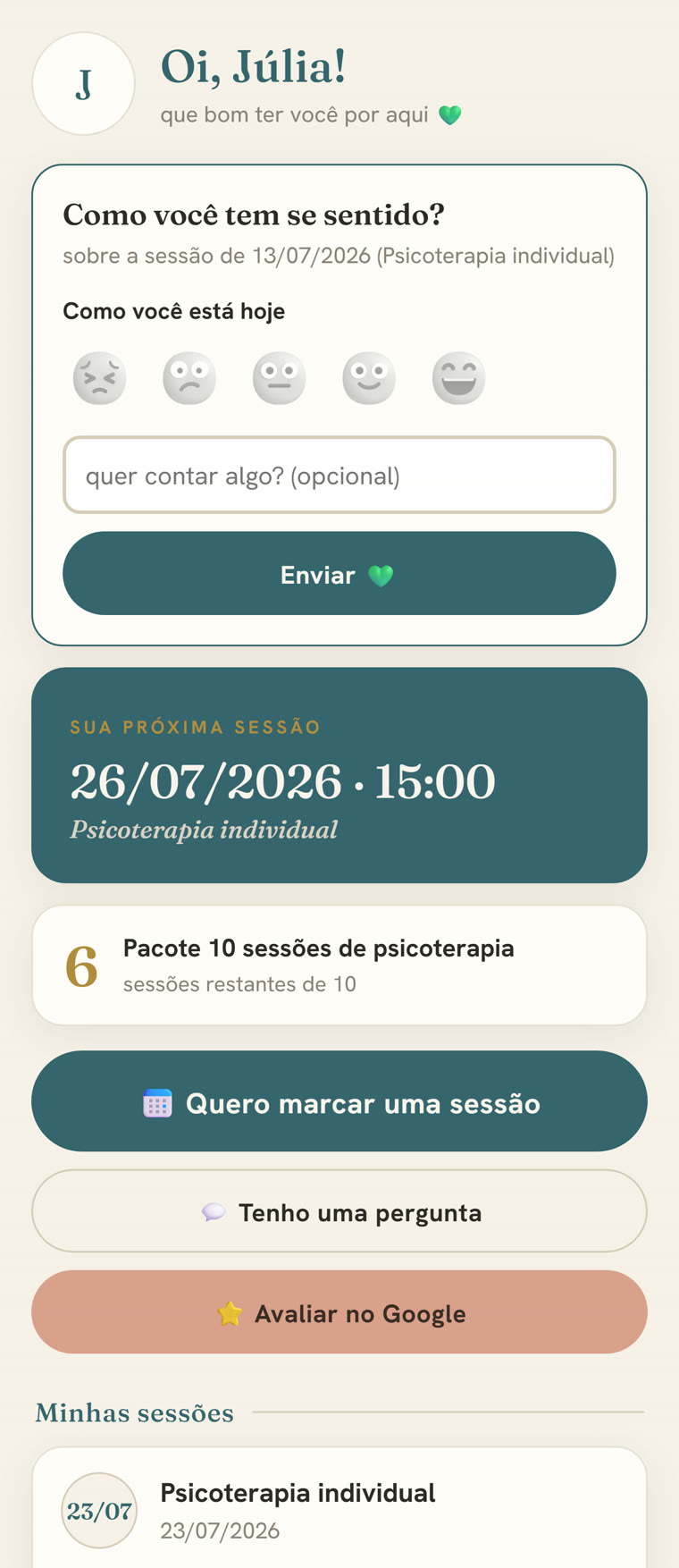 Tela do paciente no Acolhe: saudação pelo nome, pergunta como tem se sentido, próxima sessão e saldo do pacote