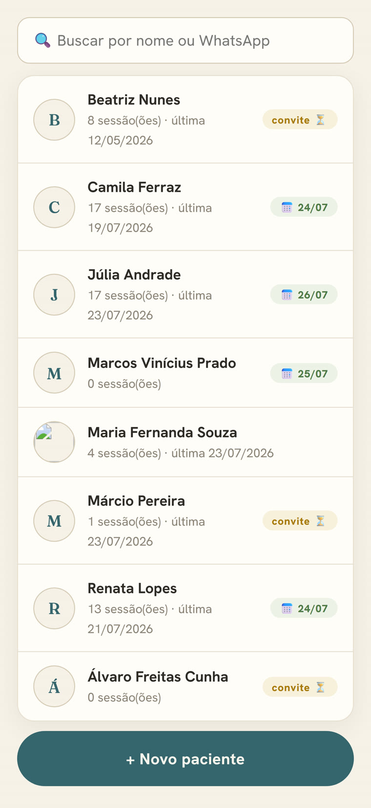 Lista de pacientes do Acolhe com sessões e próximos agendamentos