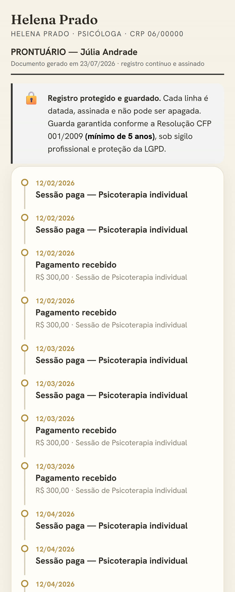 Prontuário do Acolhe exportado em PDF, com cabeçalho profissional, CRP e a linha do tempo assinada