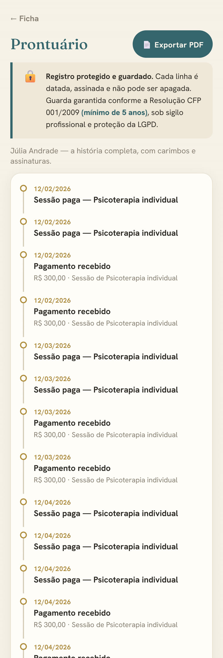 Prontuário do Acolhe com selo de guarda garantida conforme a Resolução CFP 001/2009, mínimo de 5 anos, e a linha do tempo de sessões travadas com código de verificação