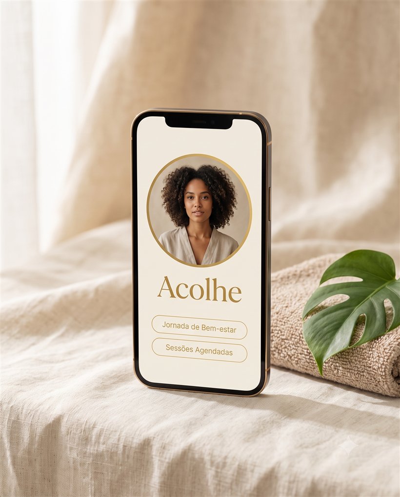 Aplicativo Acolhe aberto no celular, com o retrato e o nome da profissional na capa