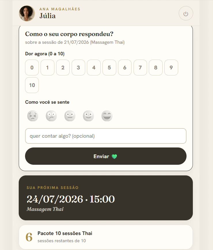 Tela do cliente no Acolhe: saudação pelo nome, pergunta como o corpo respondeu, próxima sessão e saldo do pacote
