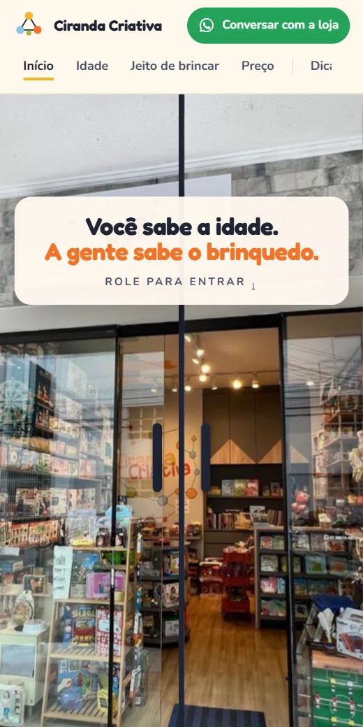Site de Ciranda Criativa aberto no celular
