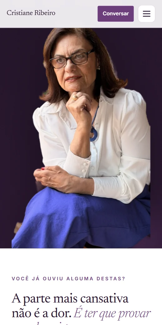 Site de Cristiane Ribeiro aberto no celular